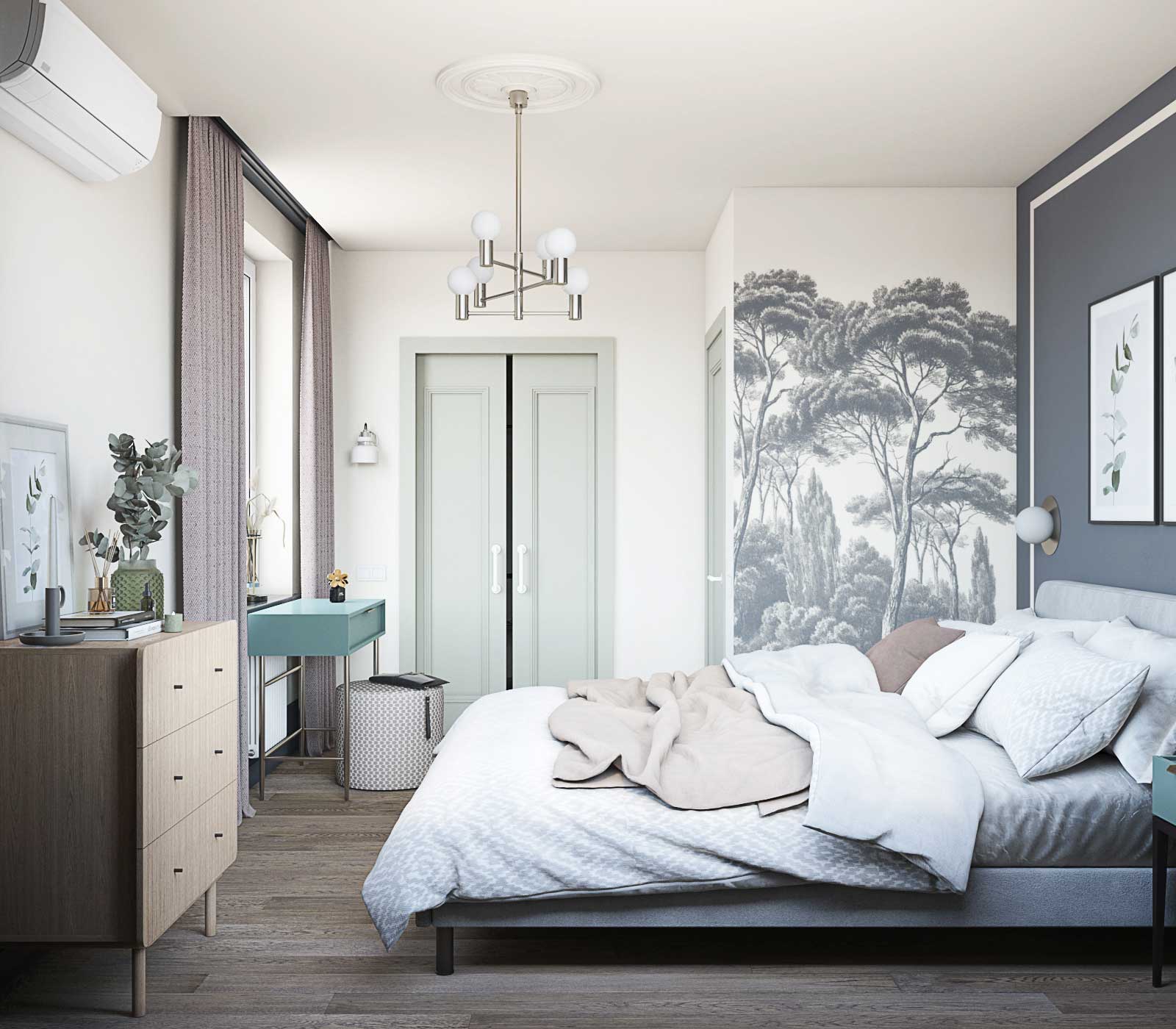 Вход в гардеробную, раздвижные двери. Люстра в спальне. туалетный столик 