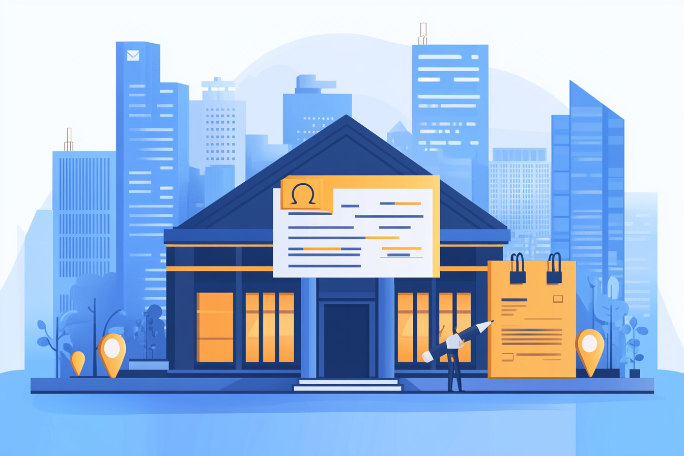 Аренда юридического адреса – изображение с офисным зданием и меткой местоположения, обозначающая регистрацию компании