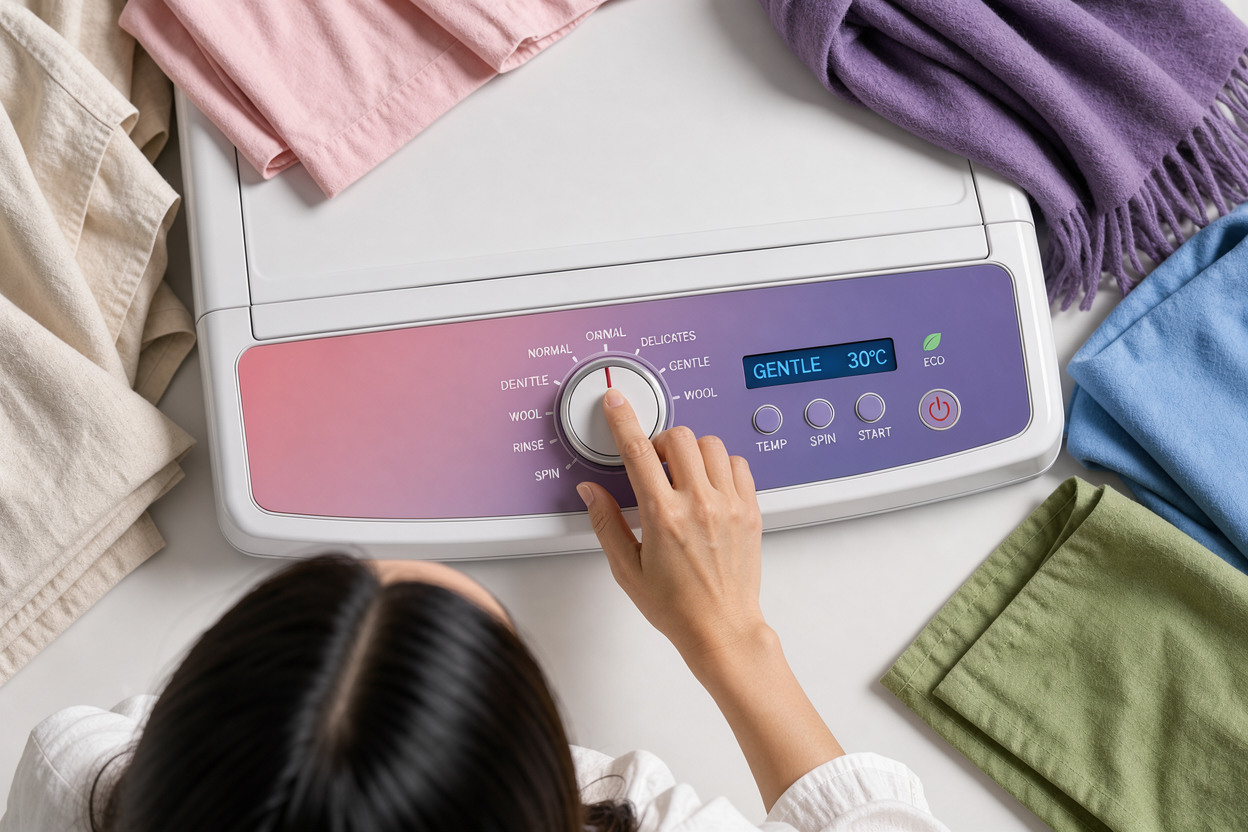 Top view of a washing machine control panel showing cycle options with a person selecting a gentle cycle on an automatic washer, surrounded by natural fabrics