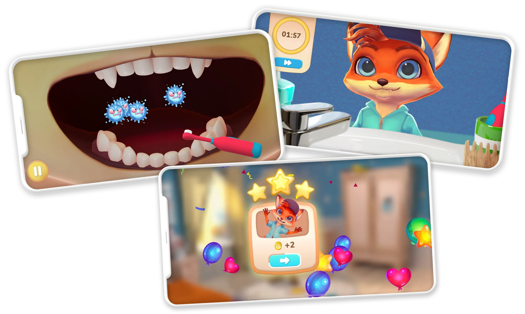 First Gadget app interface showing Kevin the Fox character guiding child through interactive morning routine quest with mission completion rewards.