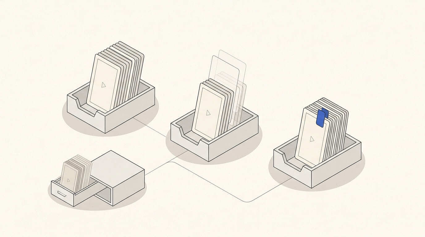 Video-card stacks sit in review trays beside revision overlays, an approval tab and an old-version drawer.