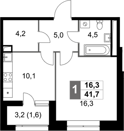 1-комн — 41,7 м²
