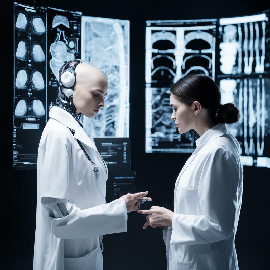 Врач-киборг и медик обсуждают течение болезни на фоне рентгеновских снимков