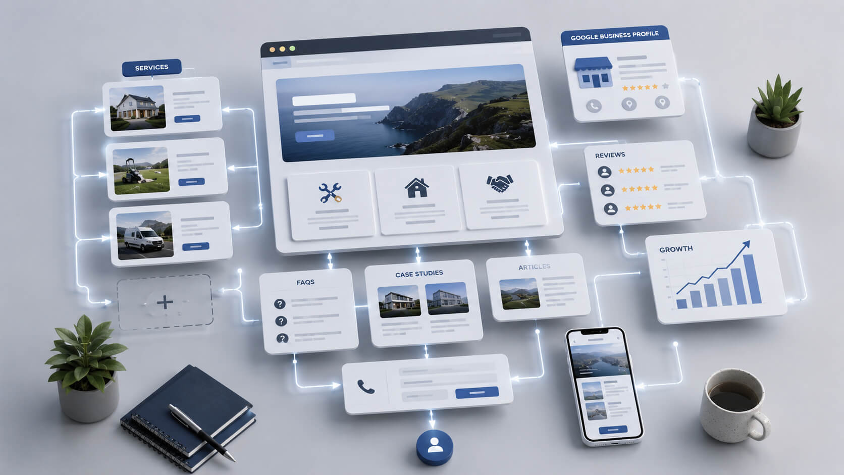 Abstract small business website growth system showing service pages articles FAQs case studies and enquiry paths
