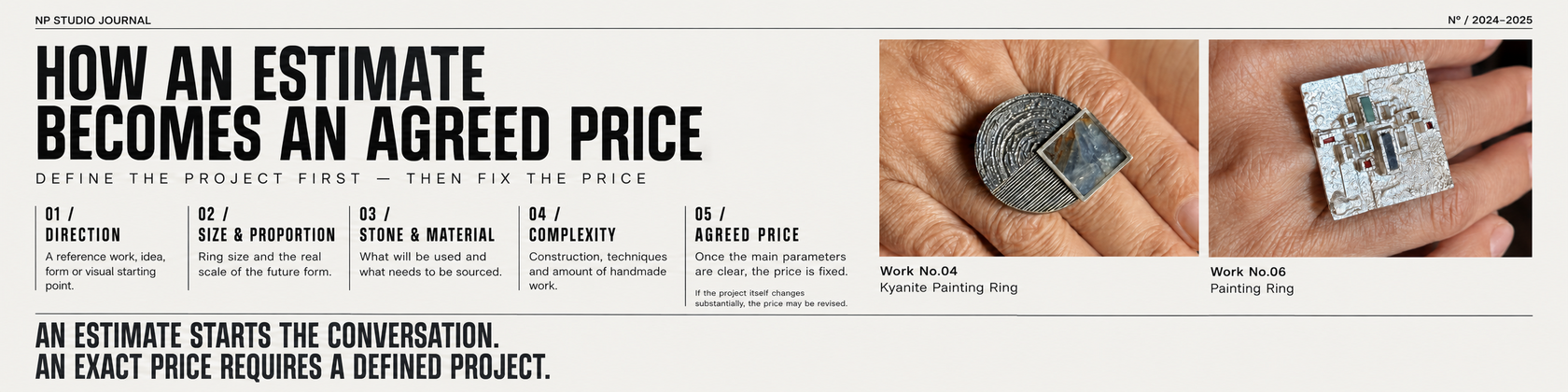 NP Studio Journal infographic explaining how a preliminary estimate becomes an agreed custom ring price once the project is defined.