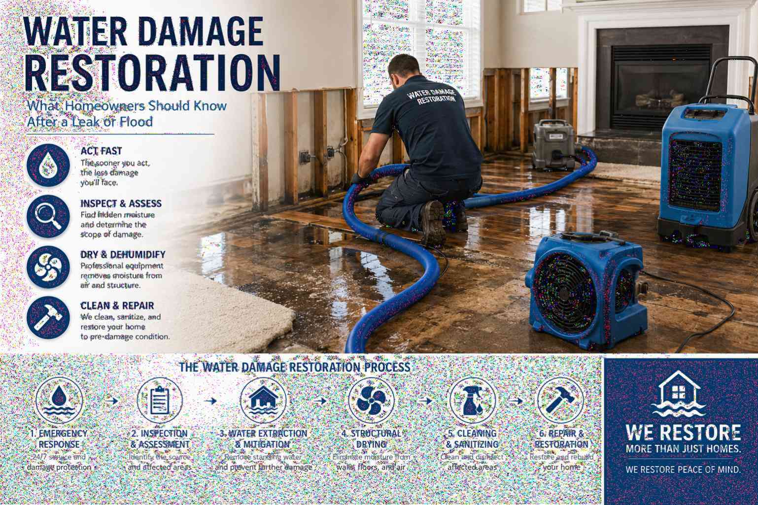 Water damage restoration process after a home leak or flood with drying equipment and water cleanup steps