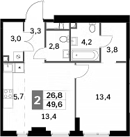 2-комн 49,6 м²