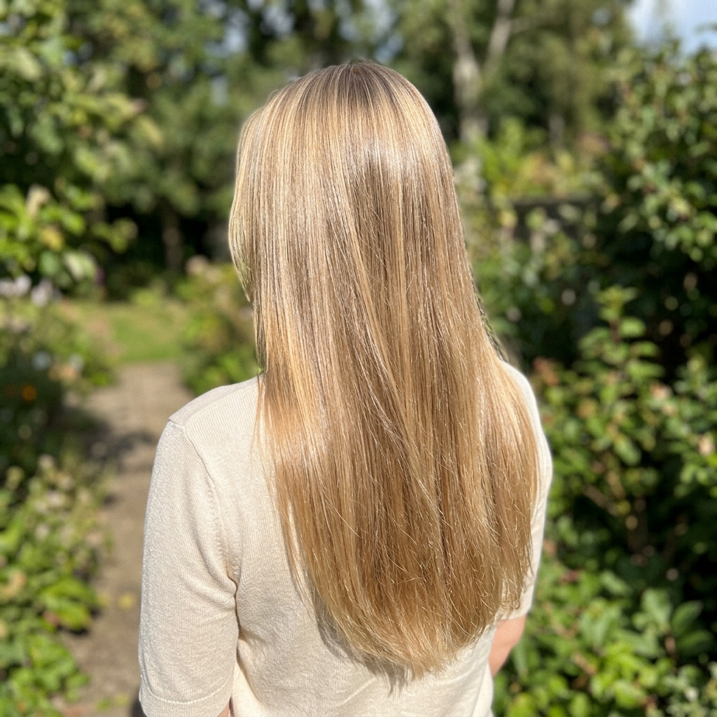 Бежевый блонд на длинных прямых волосах весна 2026  