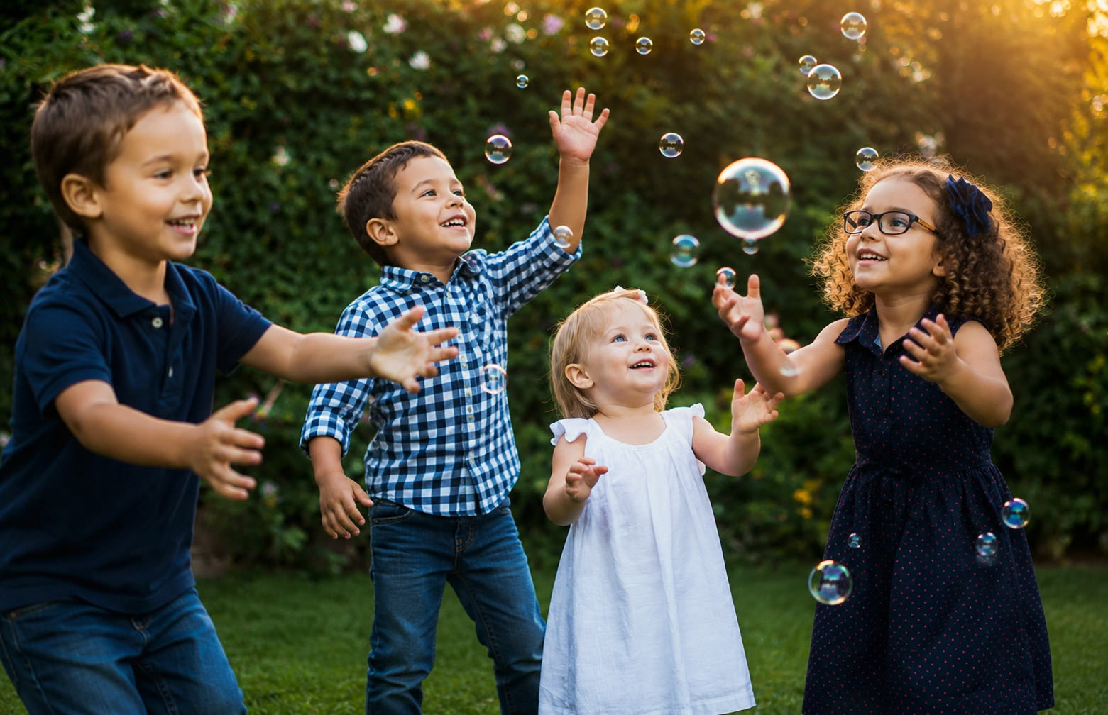Young children playing with bubbles during an outdoor group activity at Volga Dance Academy in Atlanta