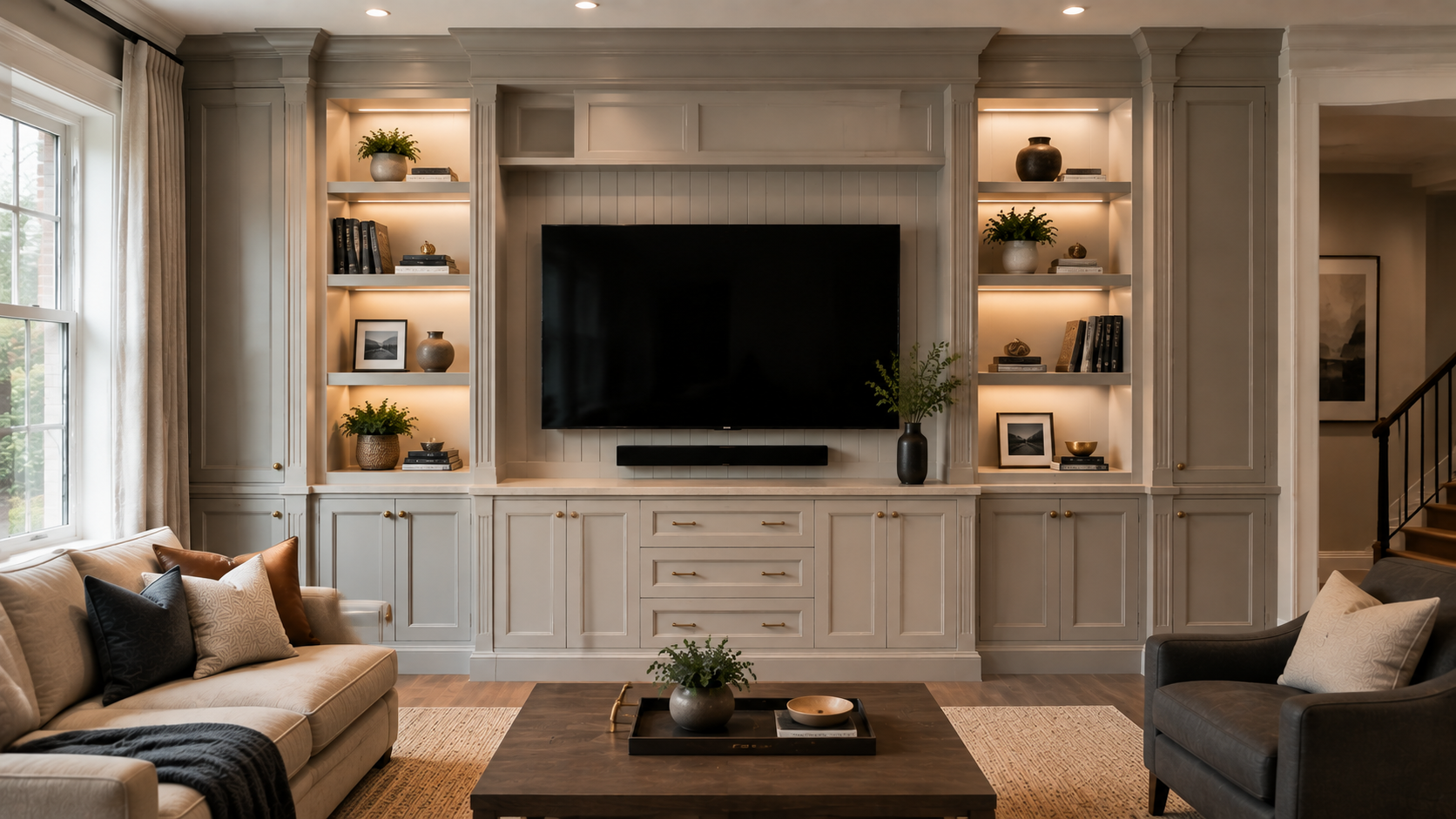 Classic American media wall built-in with premium enamel cabinetry, display niches, shelving, drawers, and integrated lighting in a DC area home.