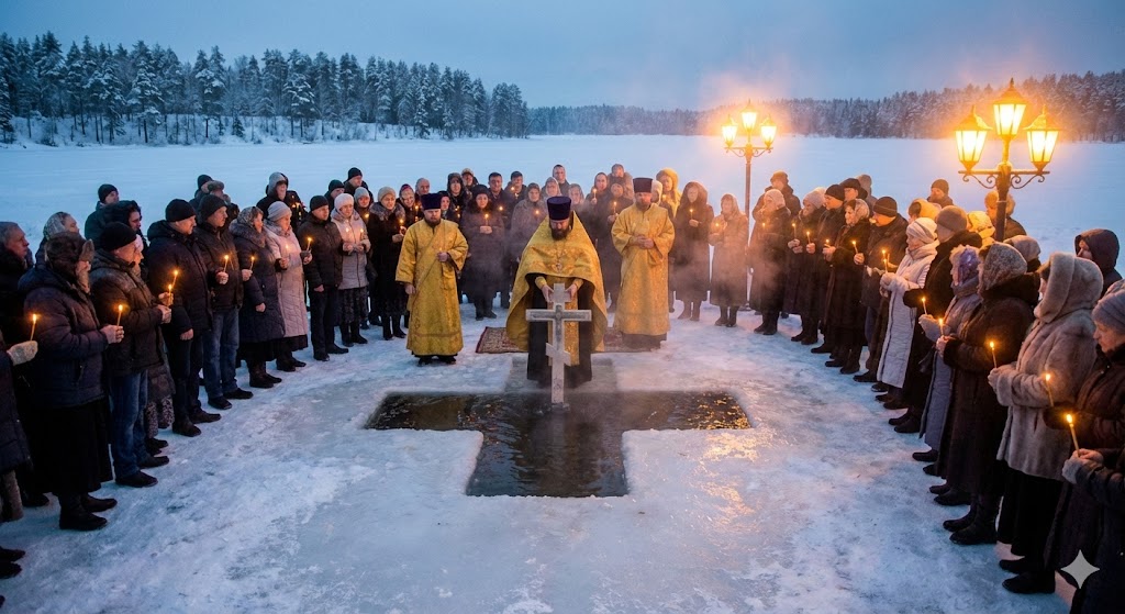 Священник освящает воду в иордани на праздник Крещение Господне 19 января