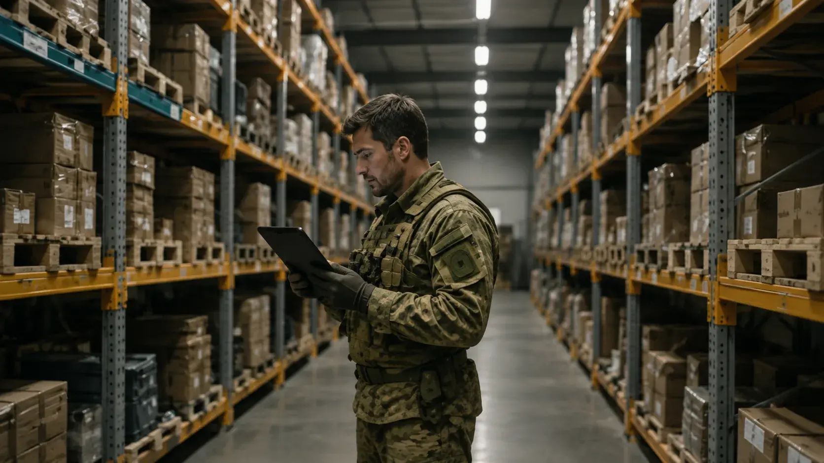 Военнослужащий работает на складе материального обеспечения