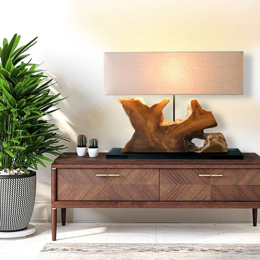 настольный светильник ручной работы из натурального тика и льна немецких мастеров