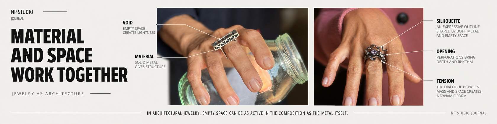 Material and space working together in architectural jewelry through void, silhouette, openings and structural tension