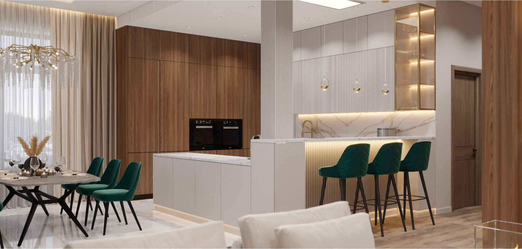 Дизайн-проект интерьера выполнен в белых оттенках с акцентным зелёным цветом и представляет собой сочетание простора и ощущение жизненной силы. | Archivogue