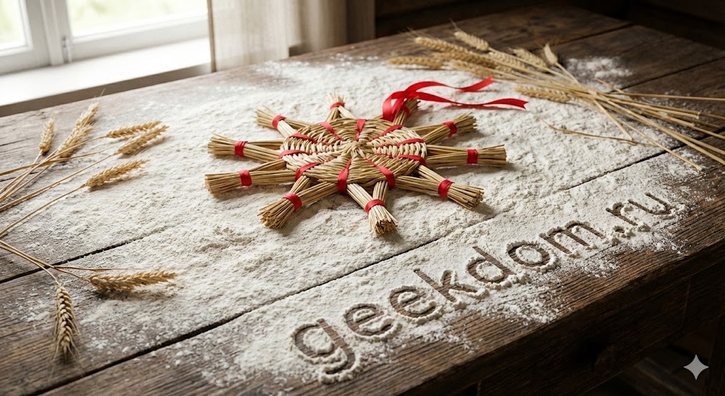 Символика Масленицы с мукой и соломенными украшениями на деревянном столе