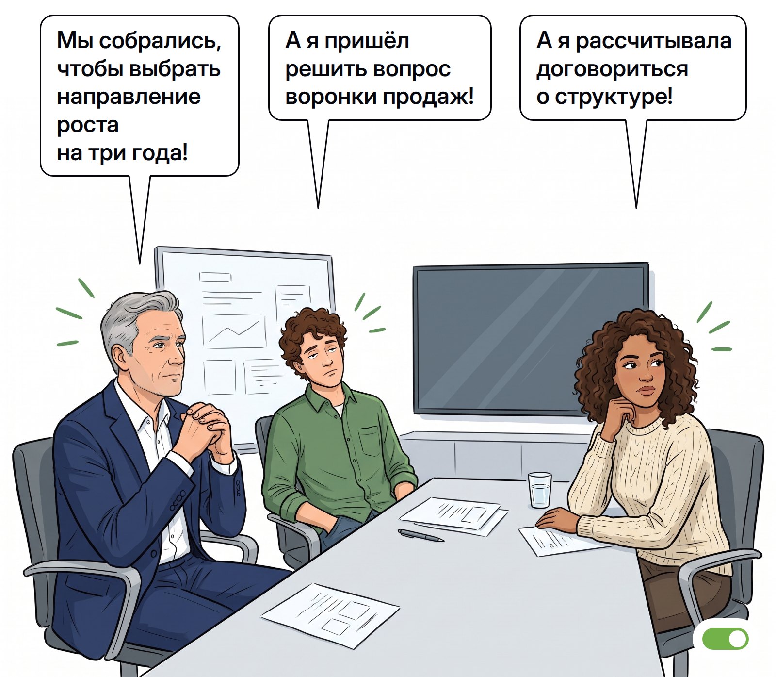Управленческая команда на стратегической сессии спорит из-за разных ожиданий участников от встречи. Реплики: «Мы собрались, чтобы выбрать направление роста на три года!» — «А я пришёл решить вопрос воронки продаж!» — «А я рассчитывала договориться о структуре!»
