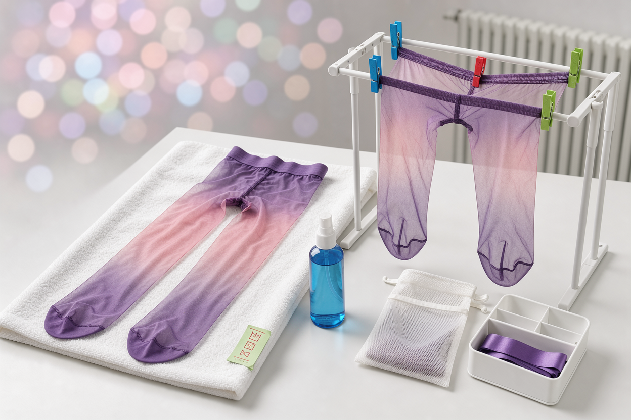 Air-drying hosiery laid flat on a towel and another pair hanging on a drying rack away from direct heat, showing proper drying and storage