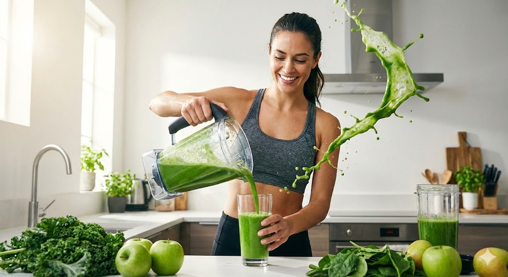 Девушка наливает зеленый смузи из блендера в стакан на кухне