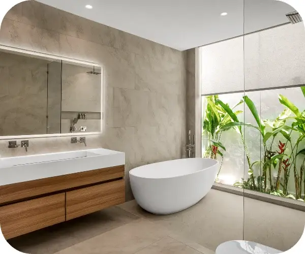 Bathroom with a freestanding bathtub and a window overlooking the garden