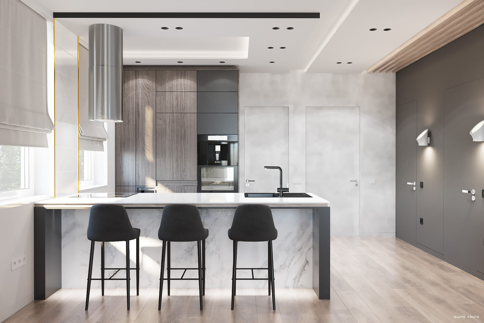 Cuisine sur mesure avec îlot central et bar dans l’intérieur d’une maison contemporaine