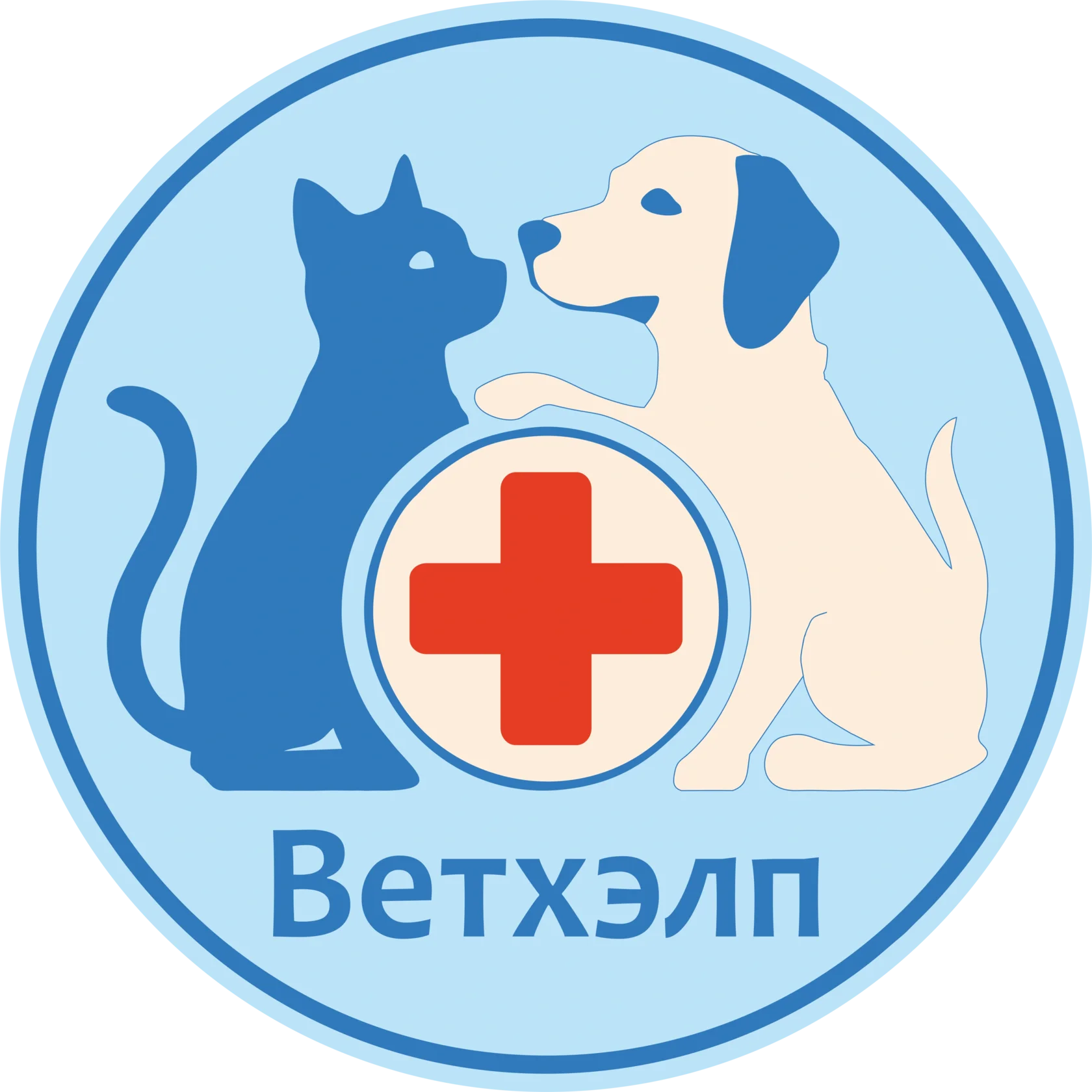 Логотип ветклиники Ветхэлп в Москве — кошка, собака и медицинский крест