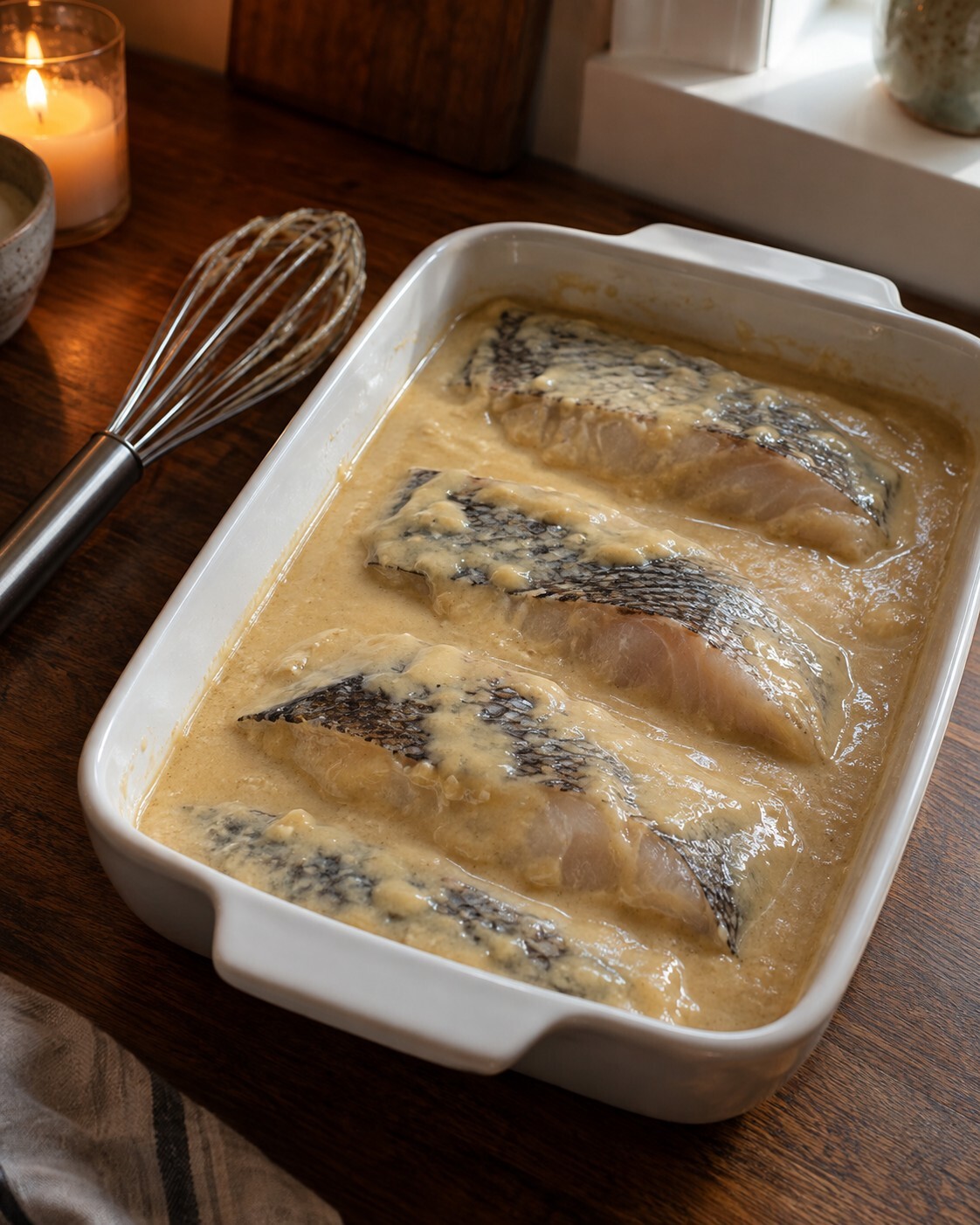 Black cod fillets fully submerged in a pale white miso marinade in a white baking dish, a whisk beside it