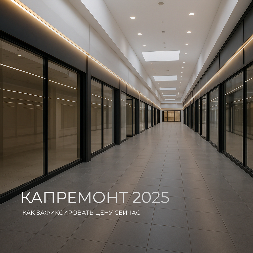 Панорамный вид свежего торгового пассажa после капитального ремонта 2025 г.: ровные керамогранитные полы, подсветка линий торговых павильонов, витрины без товаров — объект ждёт арендаторов