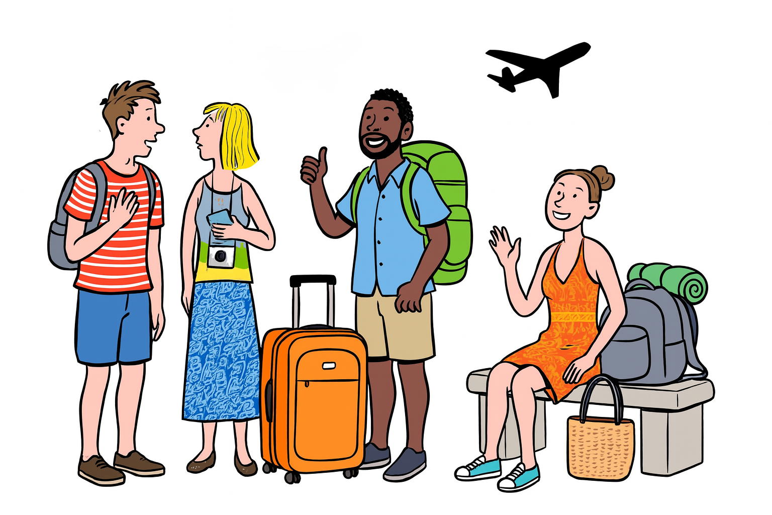 Иллюстрация в мультяшном стиле: четверо туристов с чемоданами и рюкзаками общаются и улыбаются, на фоне виден силуэт летящего самолёта.