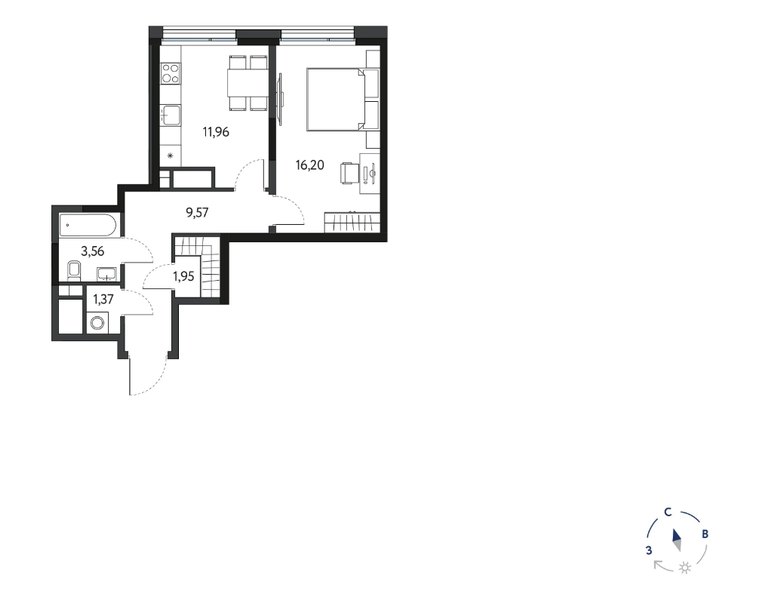 Планировка 1-комнатной квартиры 44,61 м² в ЖК «Кинетик»: 7-й этаж