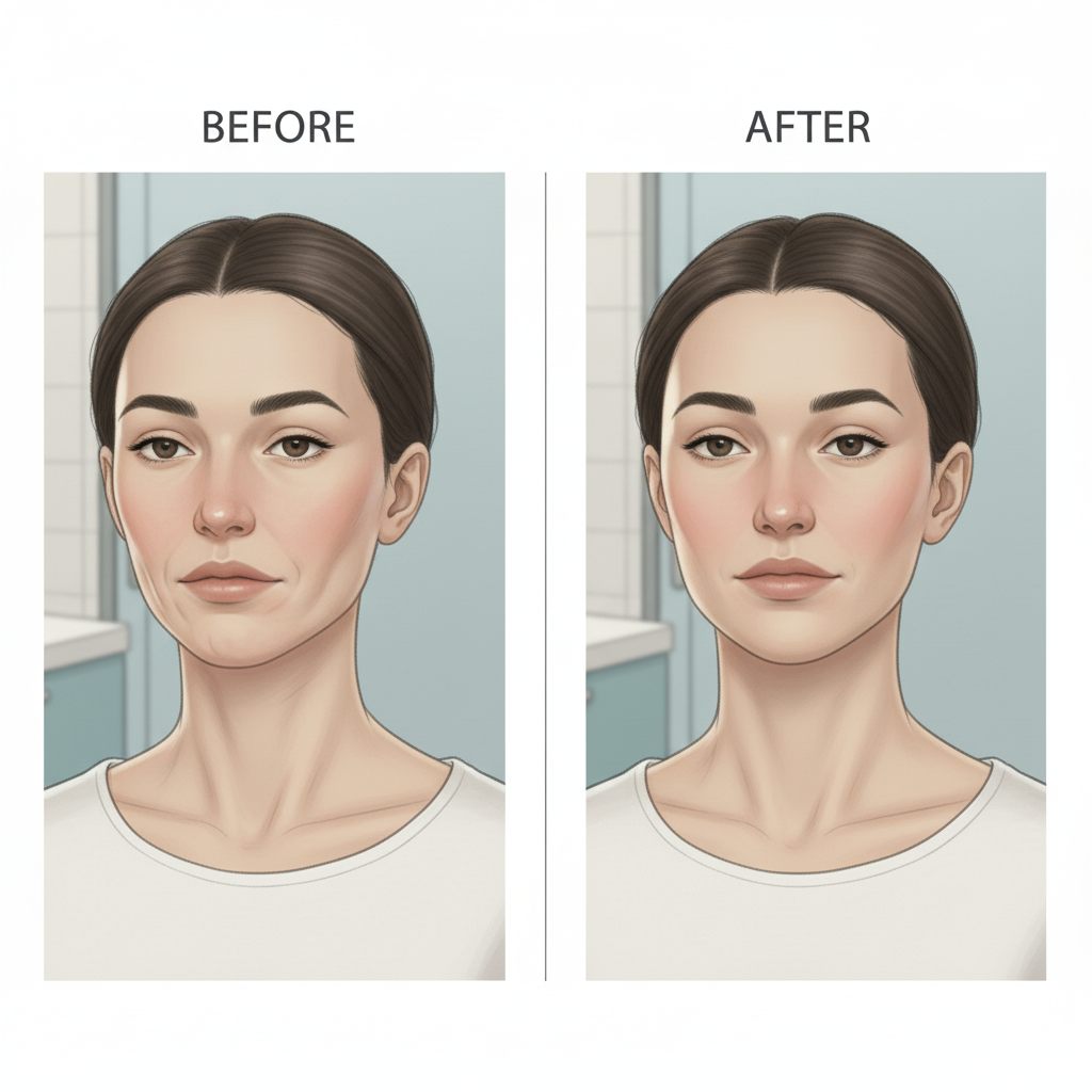 На картинке изображено лицо женщины с  результатом до/после процедуры подтяжки лица и шеи