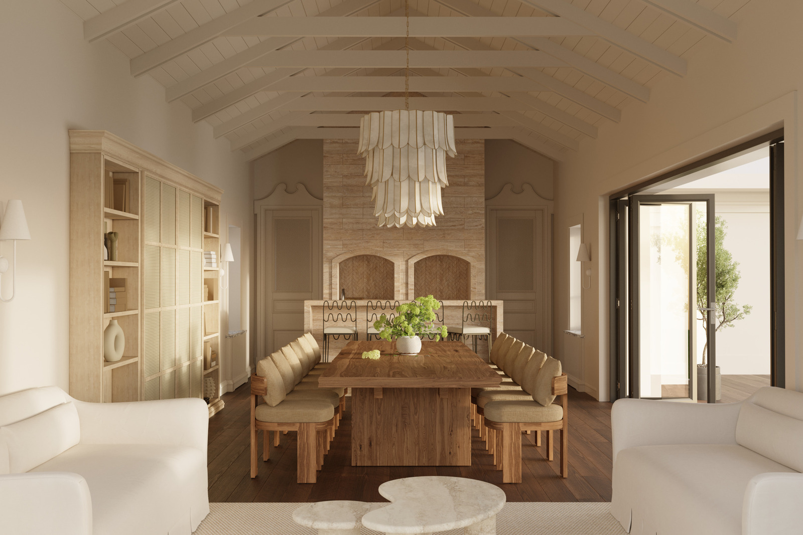 Малый дом с солнечной гостиной с большим столом в спокойной цветовой гамме. Дизайнер интерьера Екатерина Фёдорова