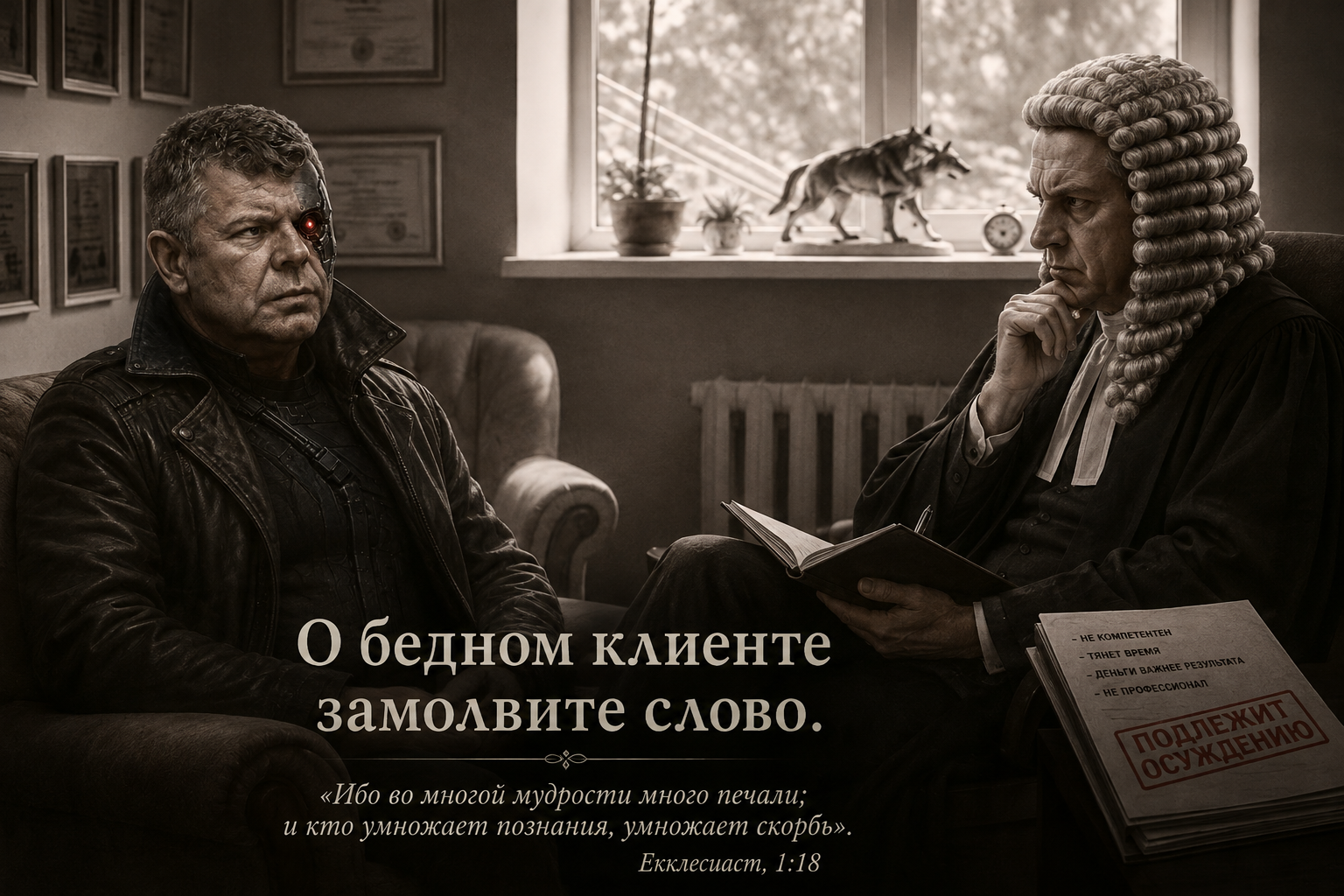 Иллюстрация к отношениям психолог-клиент, в которых клиент вынуждает психолога доказывать свою компетентность: психолог изображен в виде терминатора, клиент в парике судьи.
