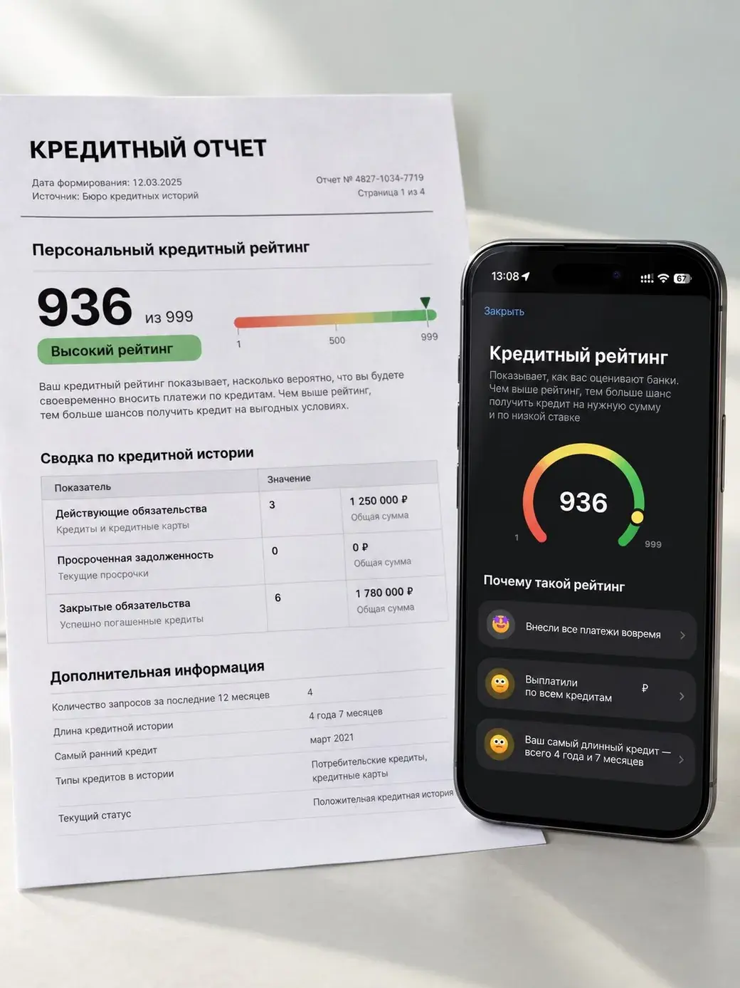 Высокий кредитный рейтинг в отчёте БКИ и банковском приложении — демонстрационный пример