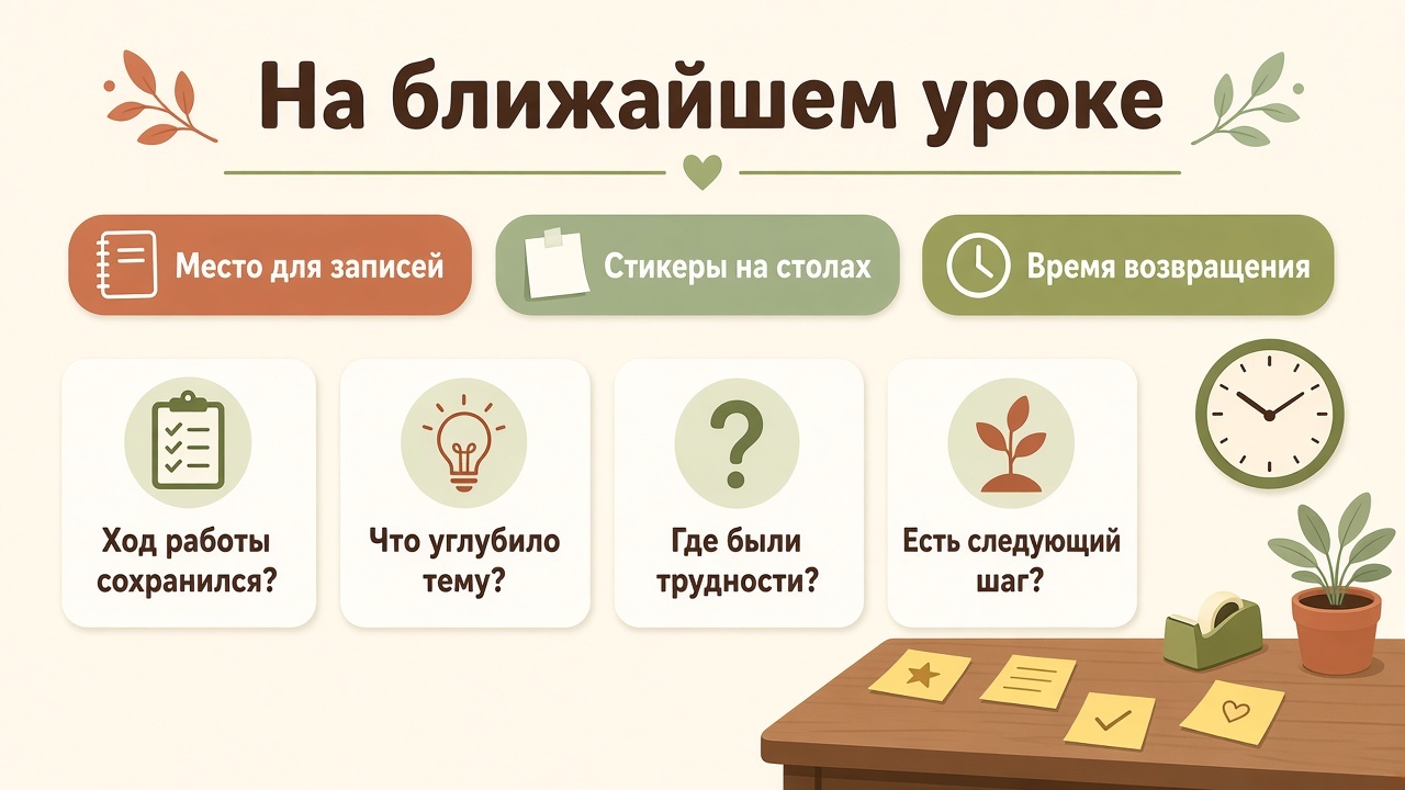 На ближайшем уроке: место для записей, стикеры на столах, время возвращения и четыре вопроса для оценки после урока