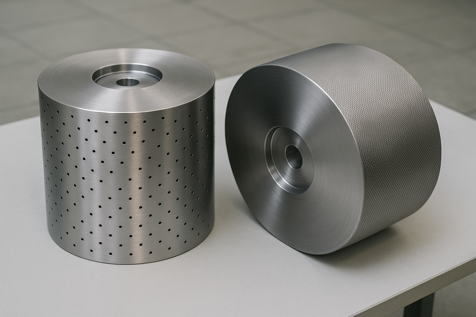 Два вакуумных барабана лежат на столе, один гладкий, другой профилированный