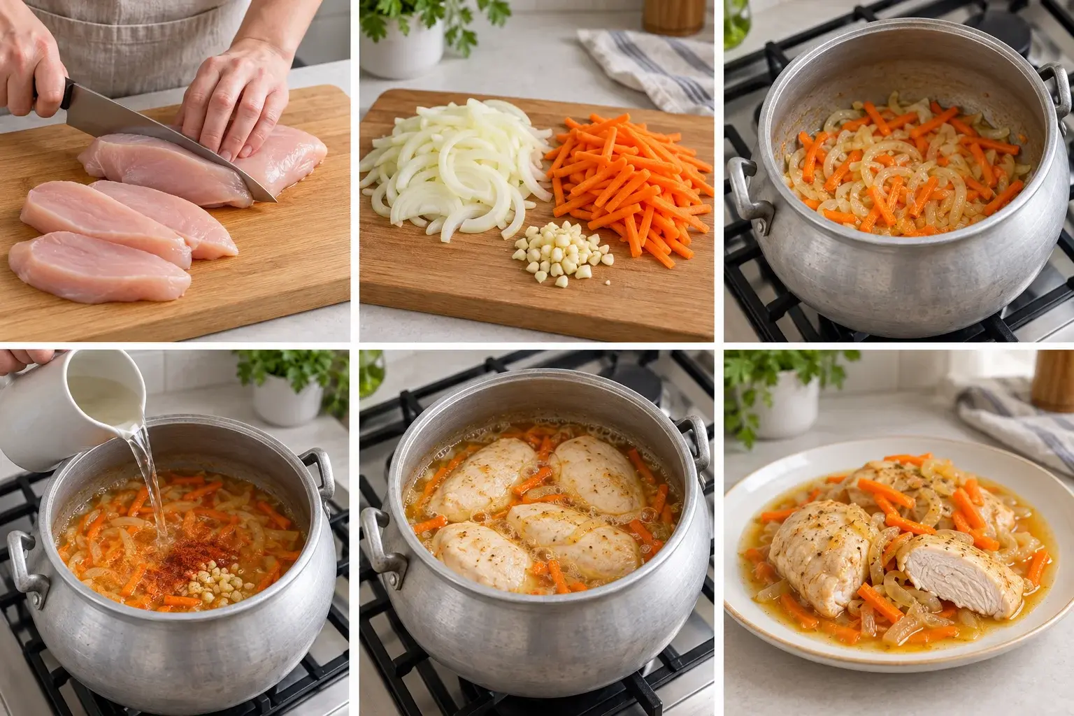 Пошаговое приготовление куриной грудки с луком и морковью: нарезка продуктов, подготовка подливки, тушение филе и подача