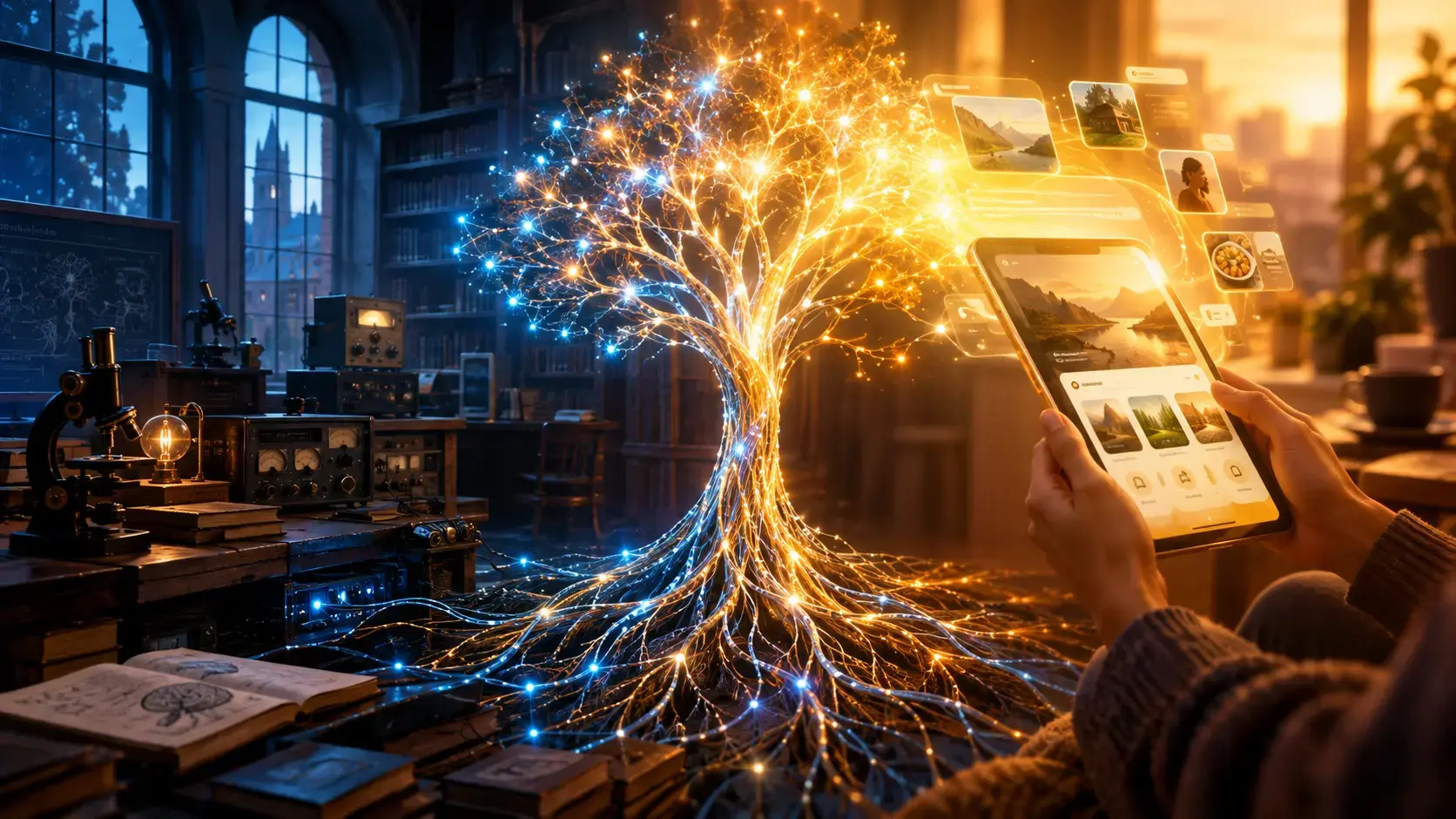 Neural network depicted as a glowing tree with roots in a university laboratory and branches forming a product interface in user's hands, symbolizing AI journey from research to market