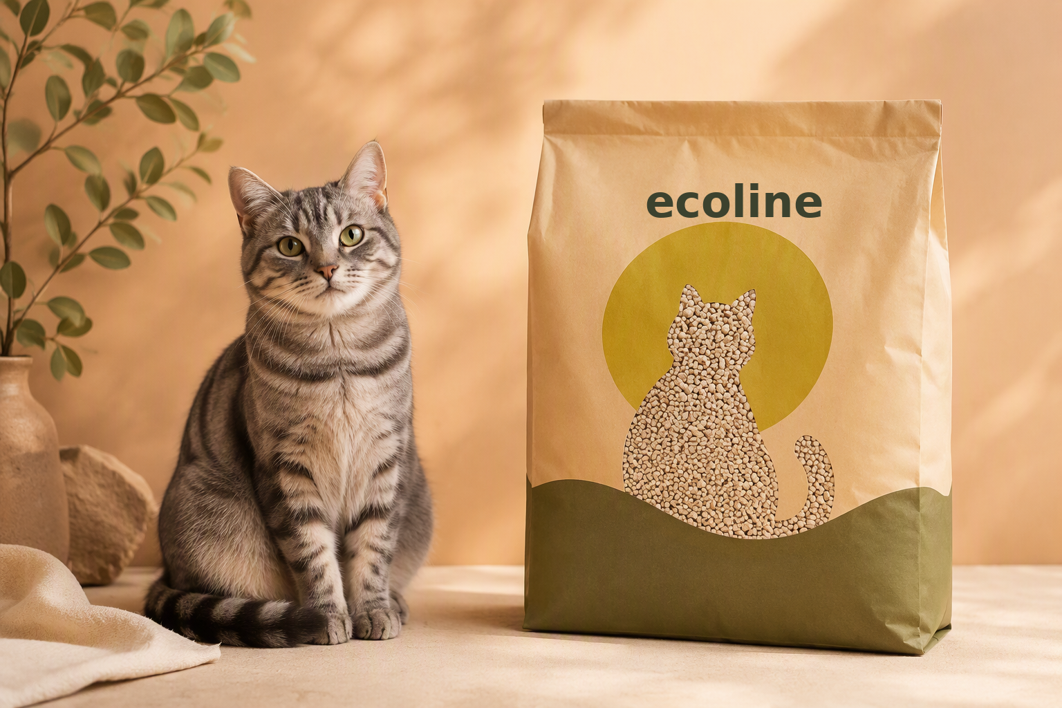 Кот рядом с упаковками наполнителя Ecoline