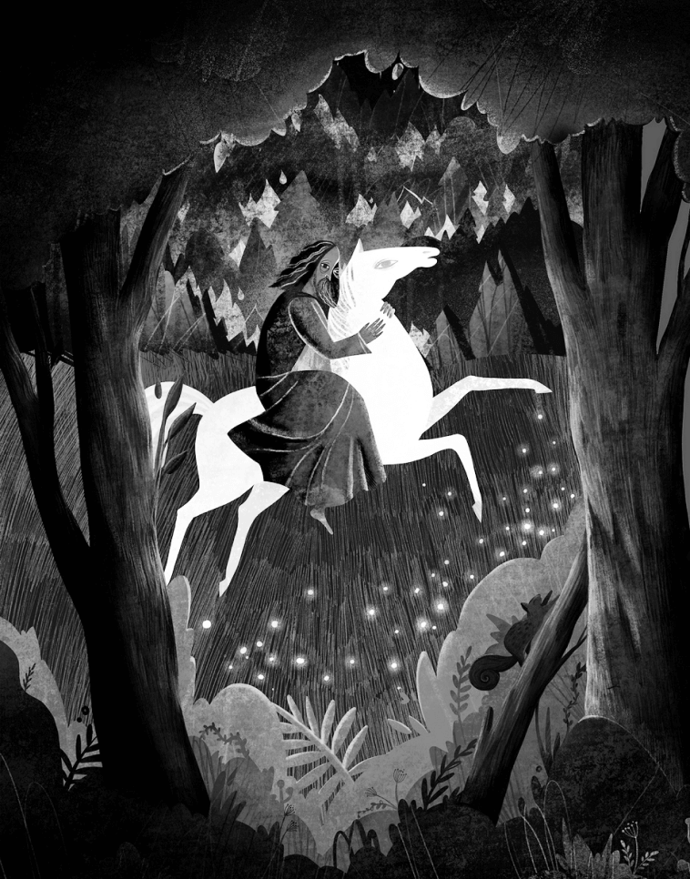 Мистический всадник на белом коне скачет сквозь темный лес – атмосферная книжная иллюстрация в черно-белых тонах