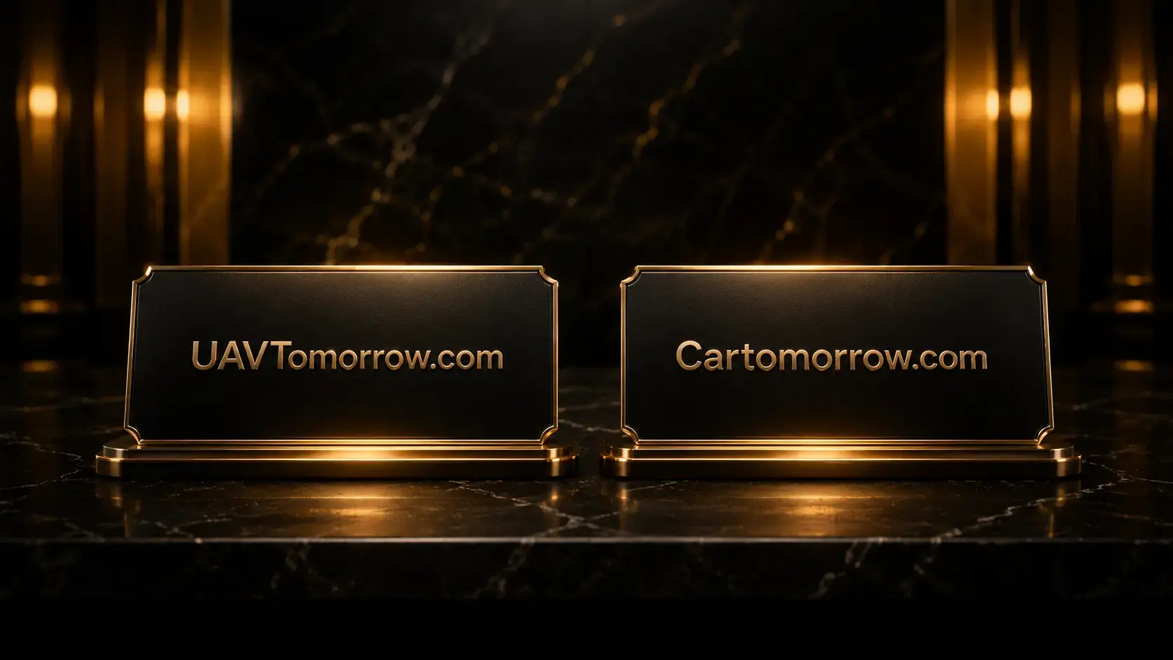 Premium domain showcase featuring UAVTomorrow.com and Cartomorrow.com on elegant black marble plaques with golden accent lighting, representing the road and sky frontiers of autonomous mobility technology.