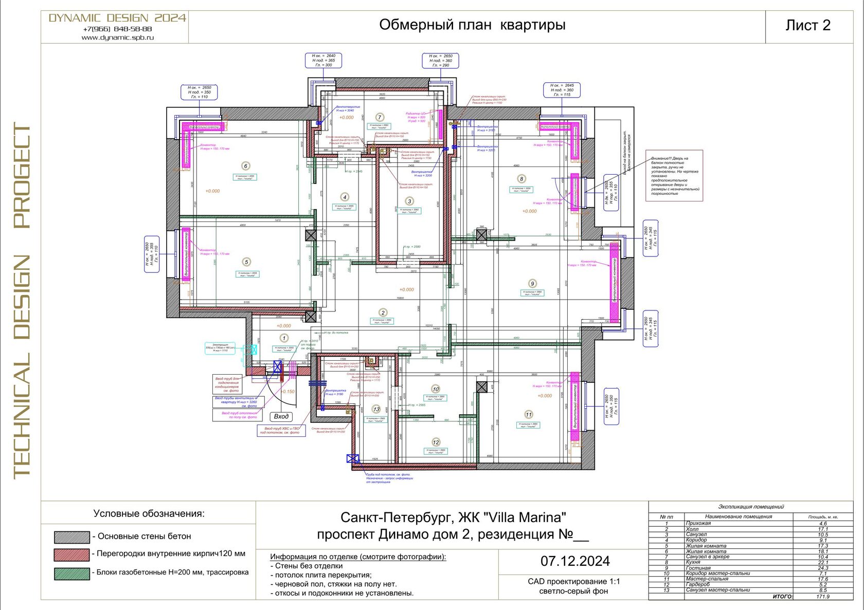 Обмерный план квартиры в AutoCAD: ЖК Villa Marina, лист 2 с экспликацией помещений