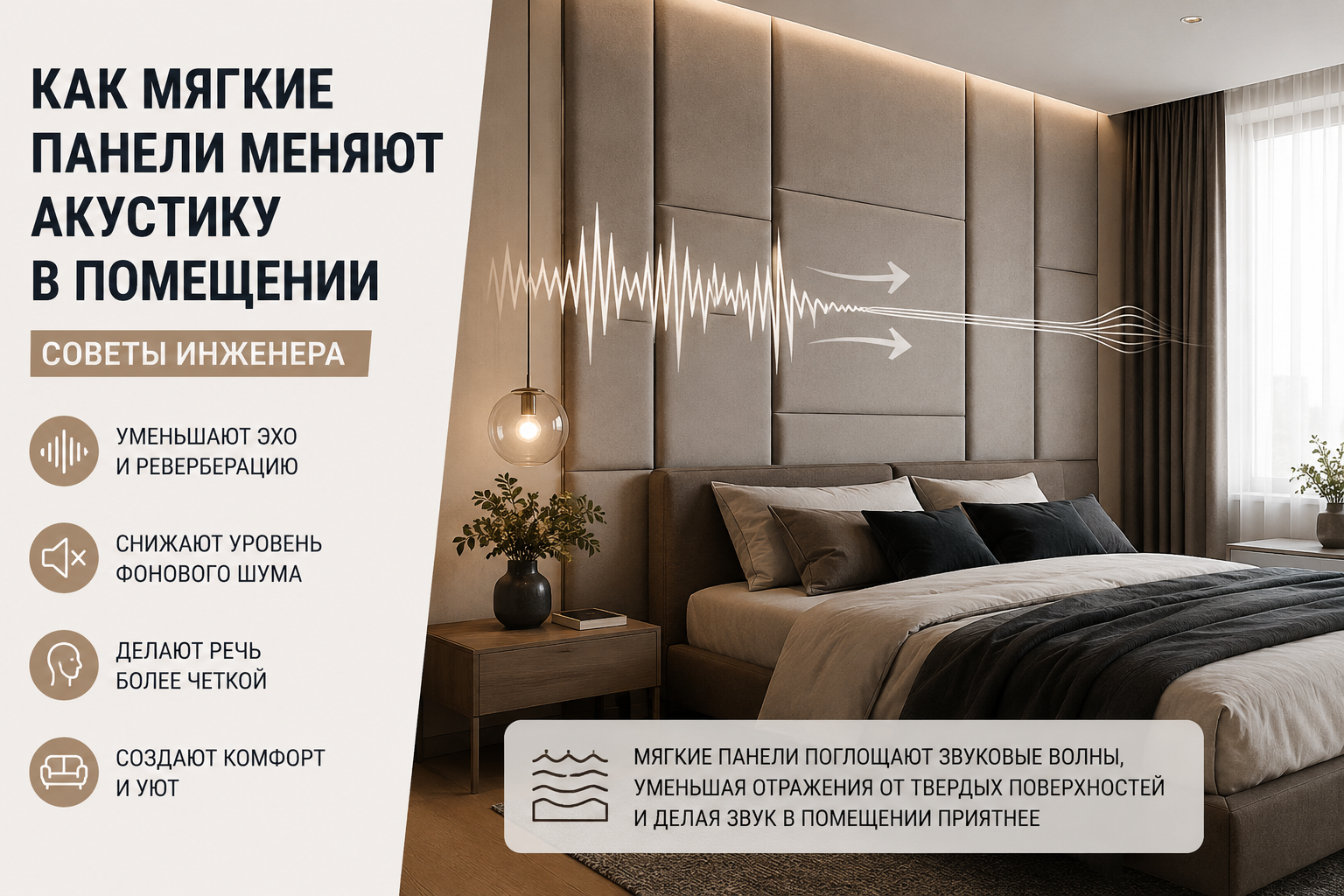 Мягкие стеновые панели в интерьере спальни улучшают акустику помещения, уменьшают эхо и делают звук комфортнее. Современный дизайн спальни с мягким изголовьем и акустическими панелями на стене.