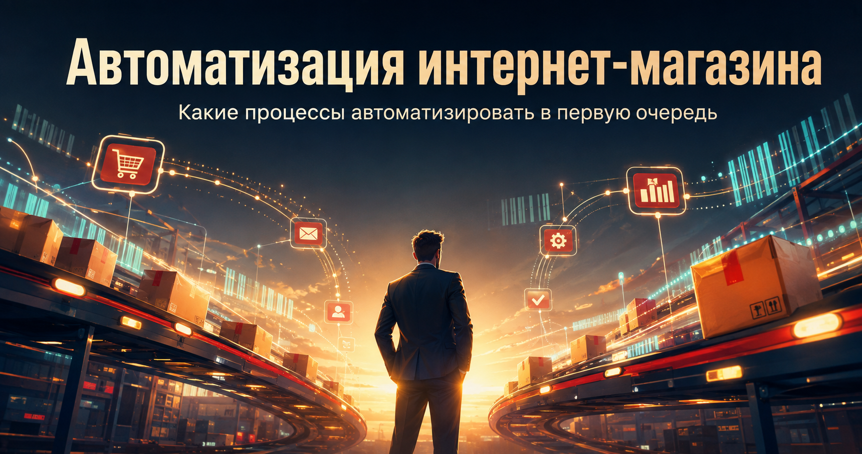 Постер к статье об автоматизации интернет-магазина: мужчина в деловом костюме стоит спиной к камере на фоне двух складских конвейеров с коробками заказов вокруг него светящиеся иконки корзины email настроек и аналитики символизирующие процессы автоматизац