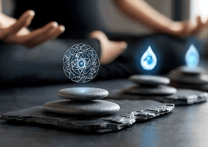 несколько камней, уложенных друг на друга, создавая устойчивую пирамиду, над камнями парит светящийся символ, напоминающий 5 элементов (круг У-Син)