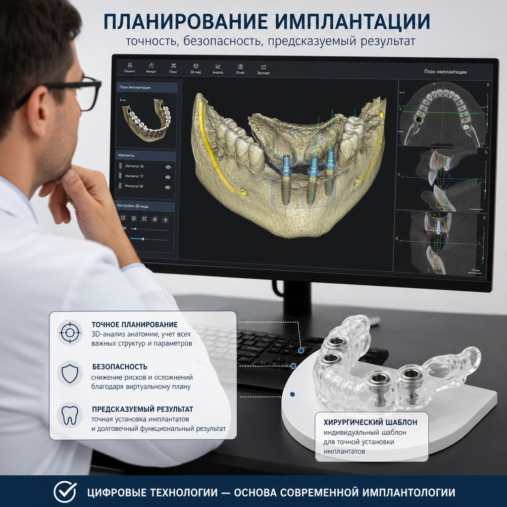 врач изучает 3D-модель челюсти пациента на экране компьютера в программе планирования имплантации, рядом распечатанный хирургический шаблон