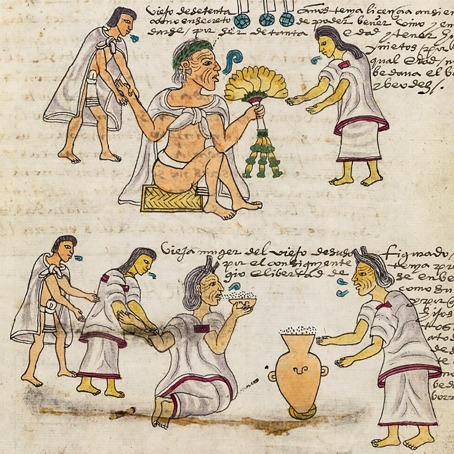 Пожилые люди в состоянии опьянения. Фрагмент кодекса Мендоса. Коллекция Bodleian Library, Oxford.