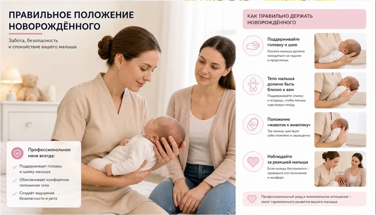 профессиональная няня в опрятной одежде держит новорождённого в правильной позиции, бережно поддерживая головку ребёнка, рядом наблюдает спокойная мама