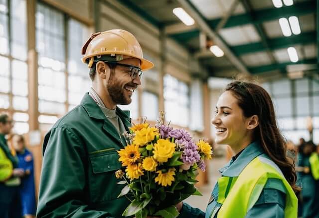 Работник промышленного предприятия дарит коллеге цветы
