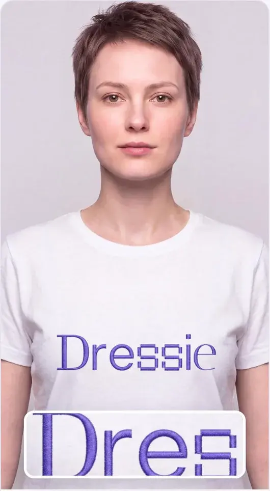 Футболка с вышитым логотипом Dressie на модели, рядом крупный план вышивки